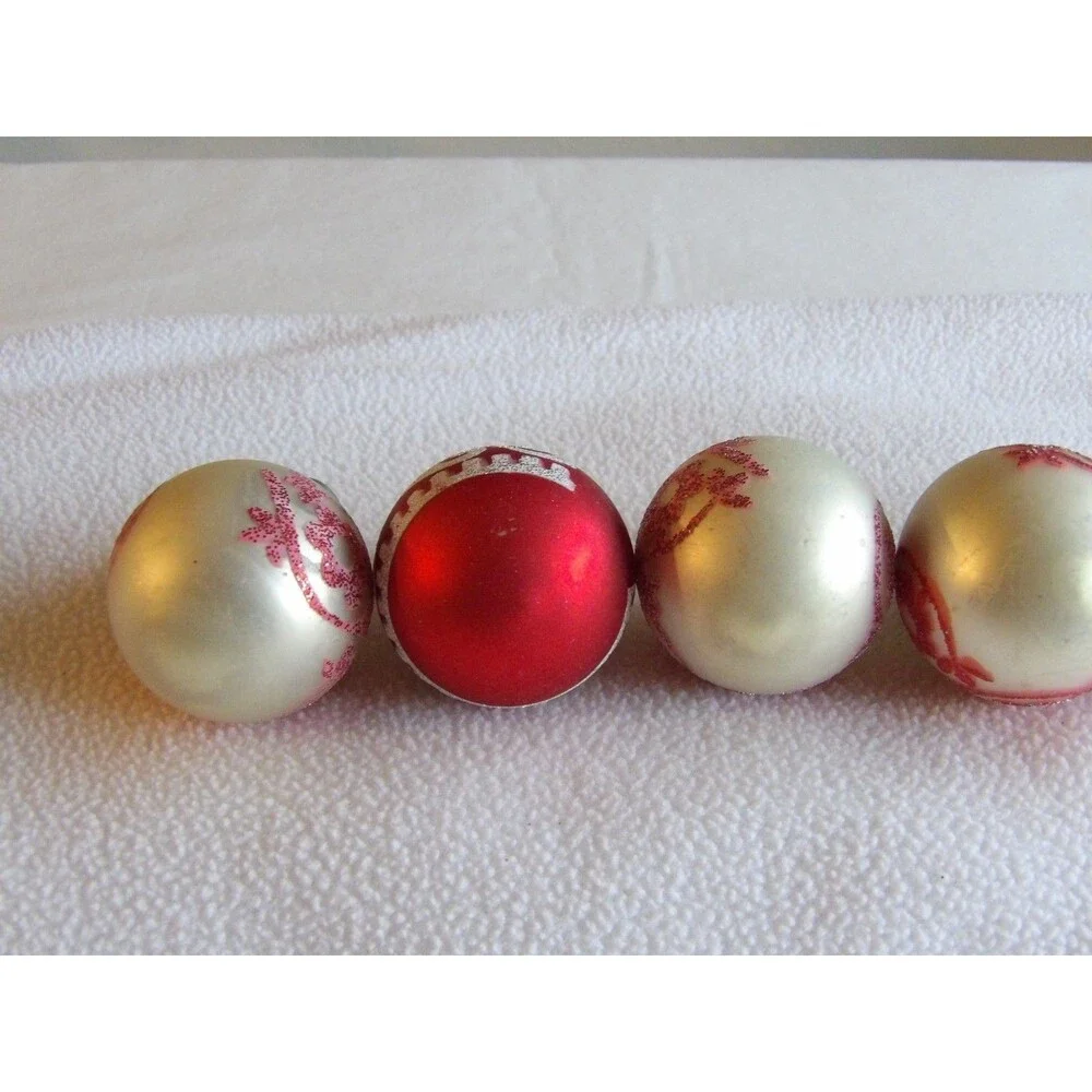 Vintage Lot 6x Glass Ball Red White Glitter Christmas Ornament Flower 1.75